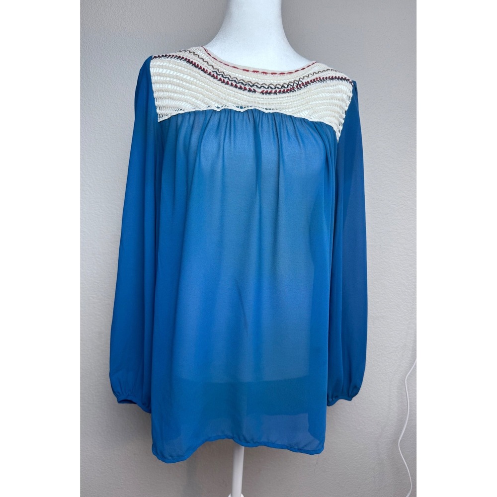 Altar'd State‎ Blue Chiffon Crochet Yoke Embroidered Blouse Top Small Boho